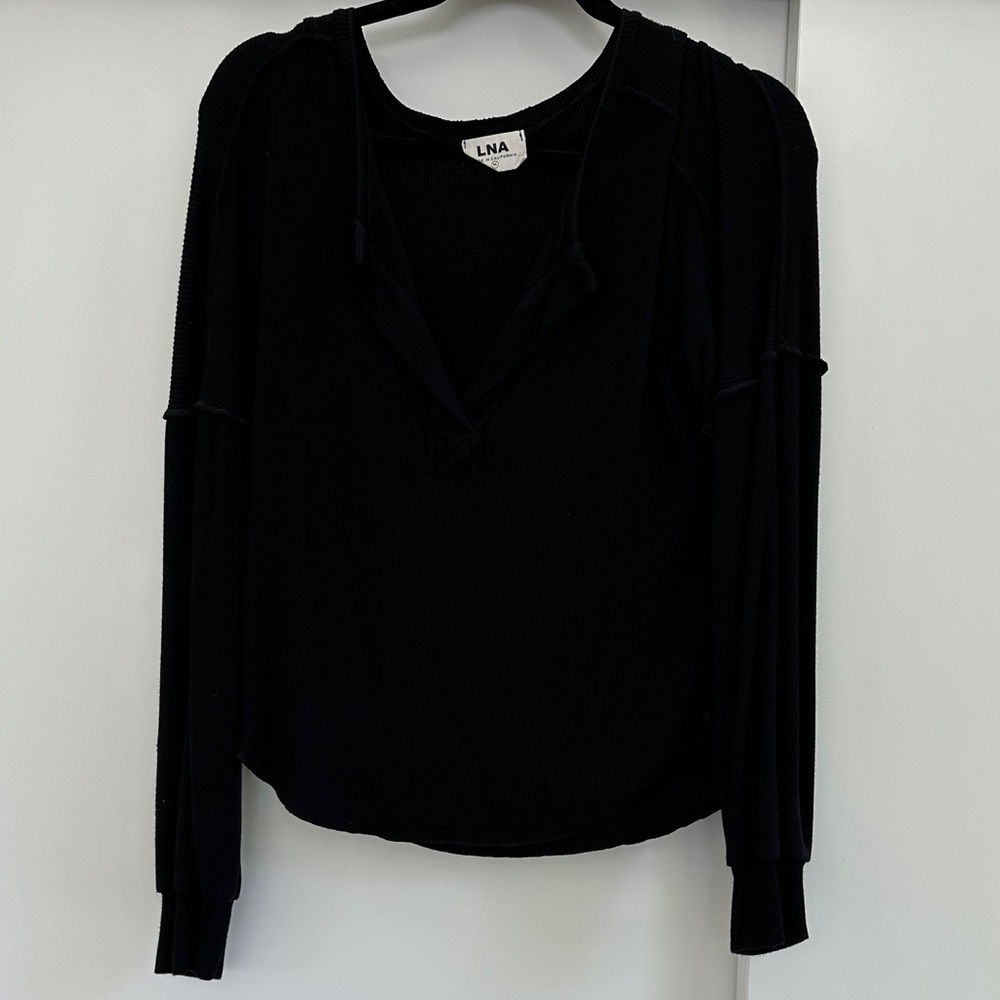 LNA Black Waffle Long Sleeve Split Neck Tee
